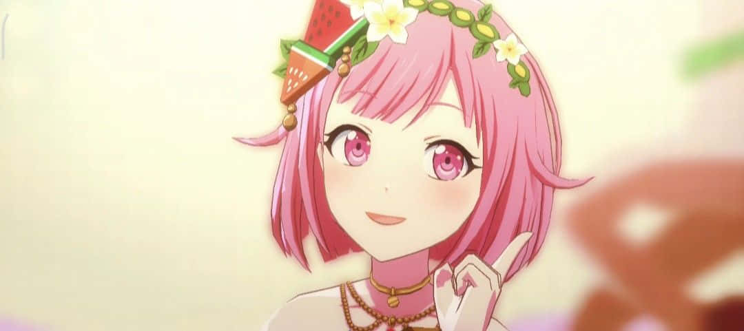 pink hair, floral crown, watermelon slice hat, SD Desktop Wallpaper