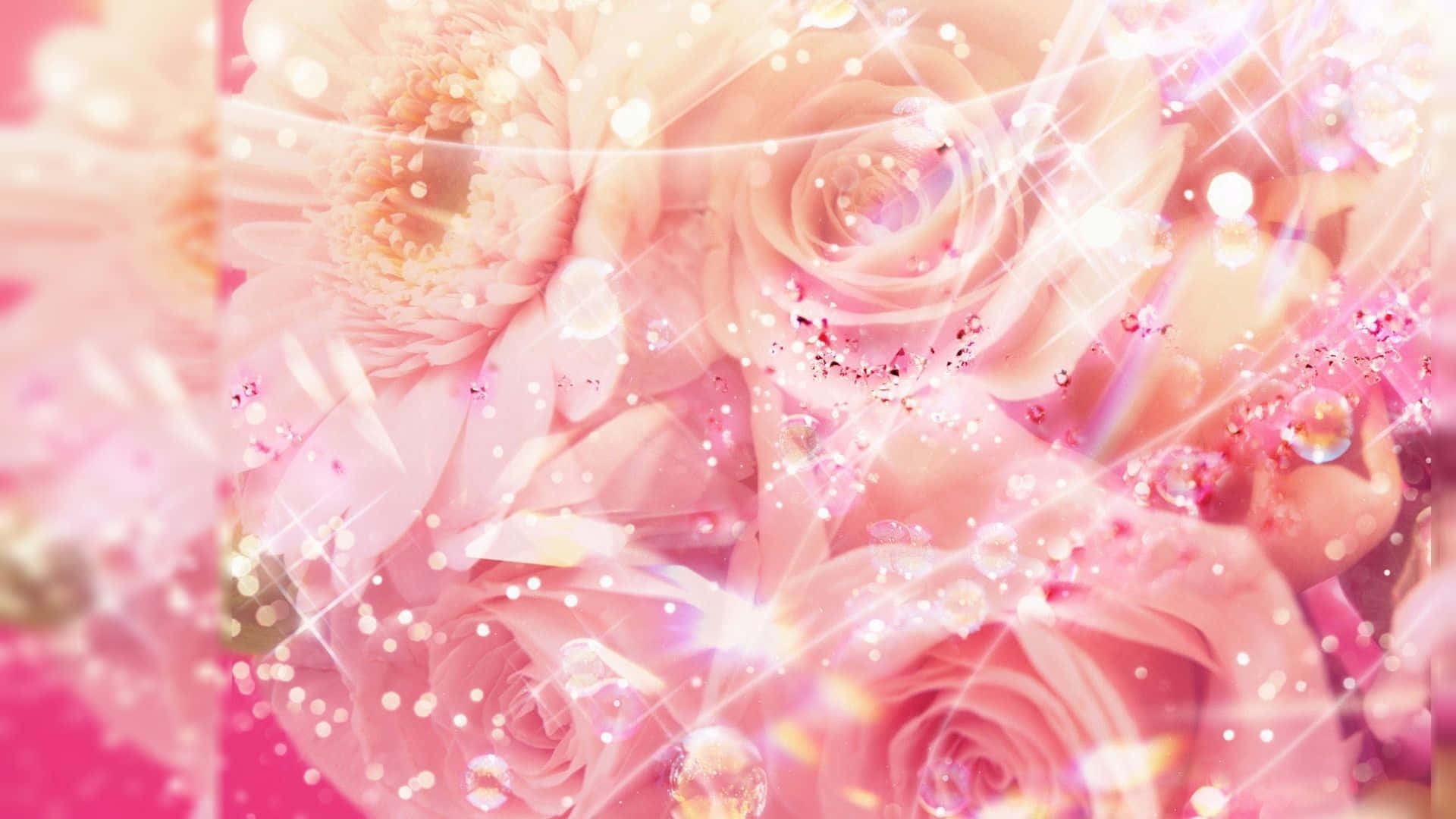 pink flowers, sparkles, pink background, Full HD Desktop Wallpaper