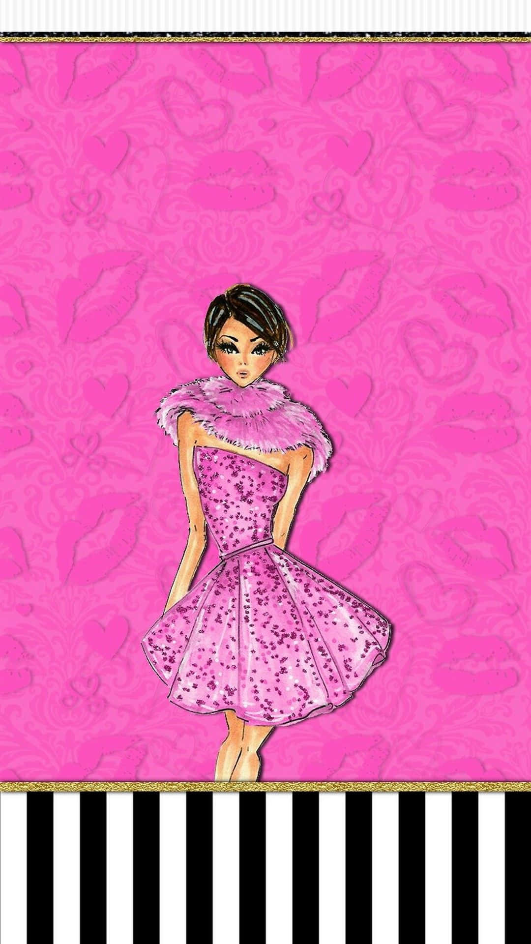 pink glitter dress, feathered collar, vibrant pink wallpaper, Full HD Phone Wallpaper