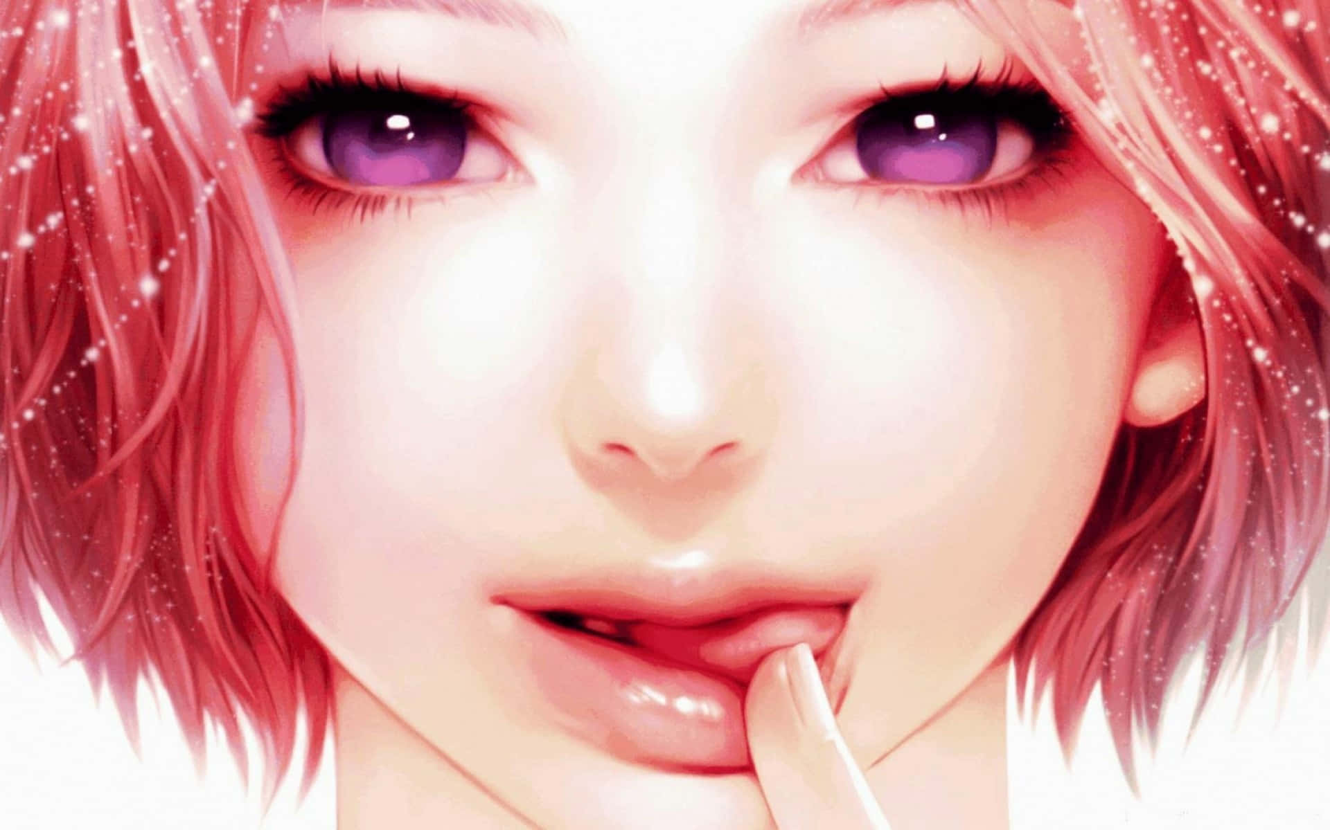 Korean anime girl, pink hair, purple eyes, Full HD Desktop Wallpaper