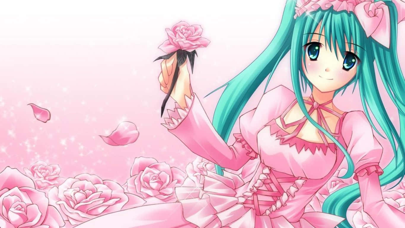 Pink Rose Anime Girl Cutecore, turquoise hair, pink dress, HD Desktop Wallpaper