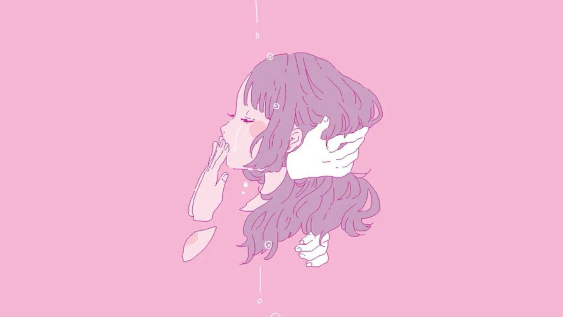 anime girl, purple hair, solid pink background, Full HD Desktop Wallpaper