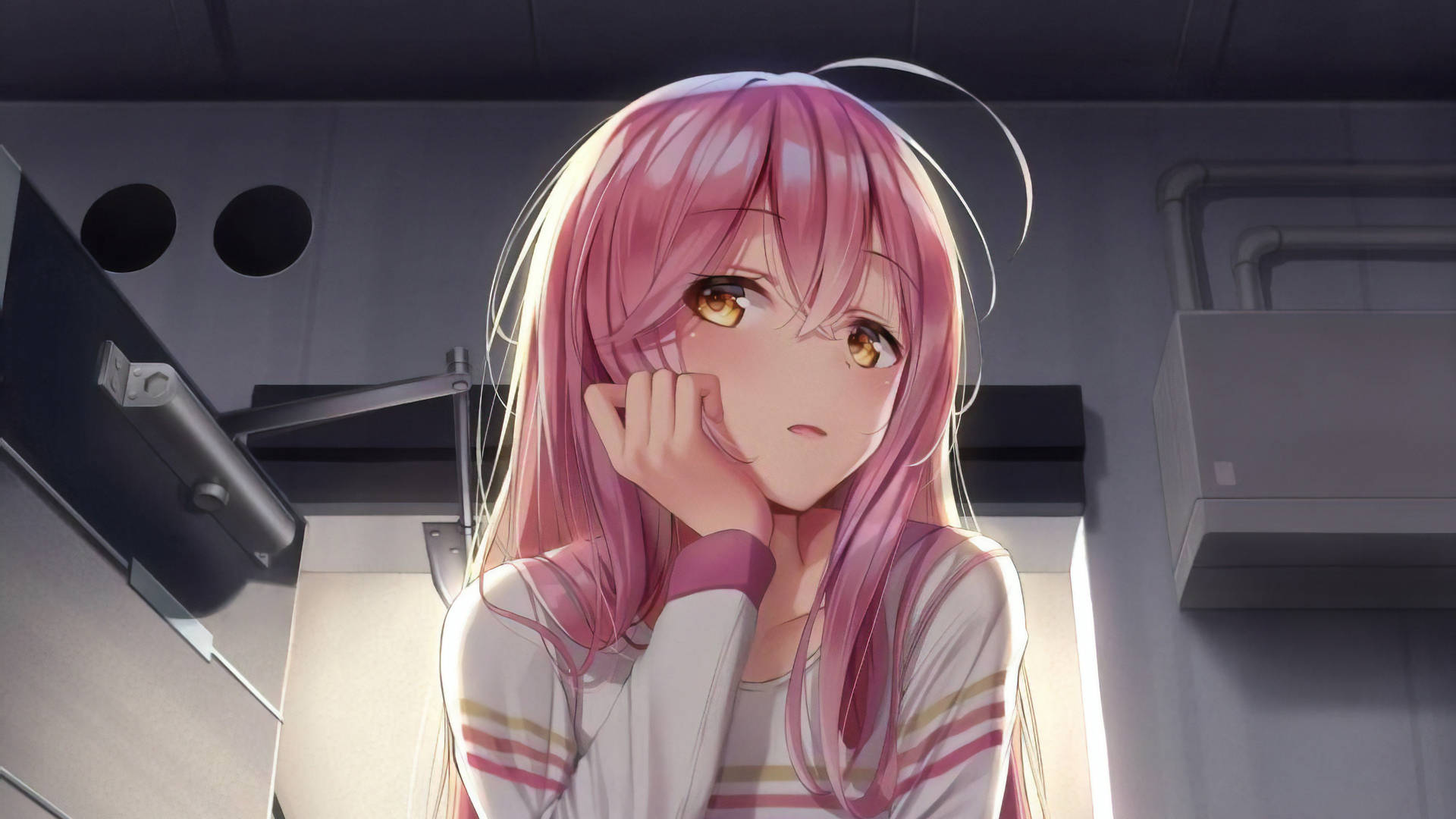 pink-haired anime girl, amber eyes, dimly lit room, Full HD Desktop Wallpaper