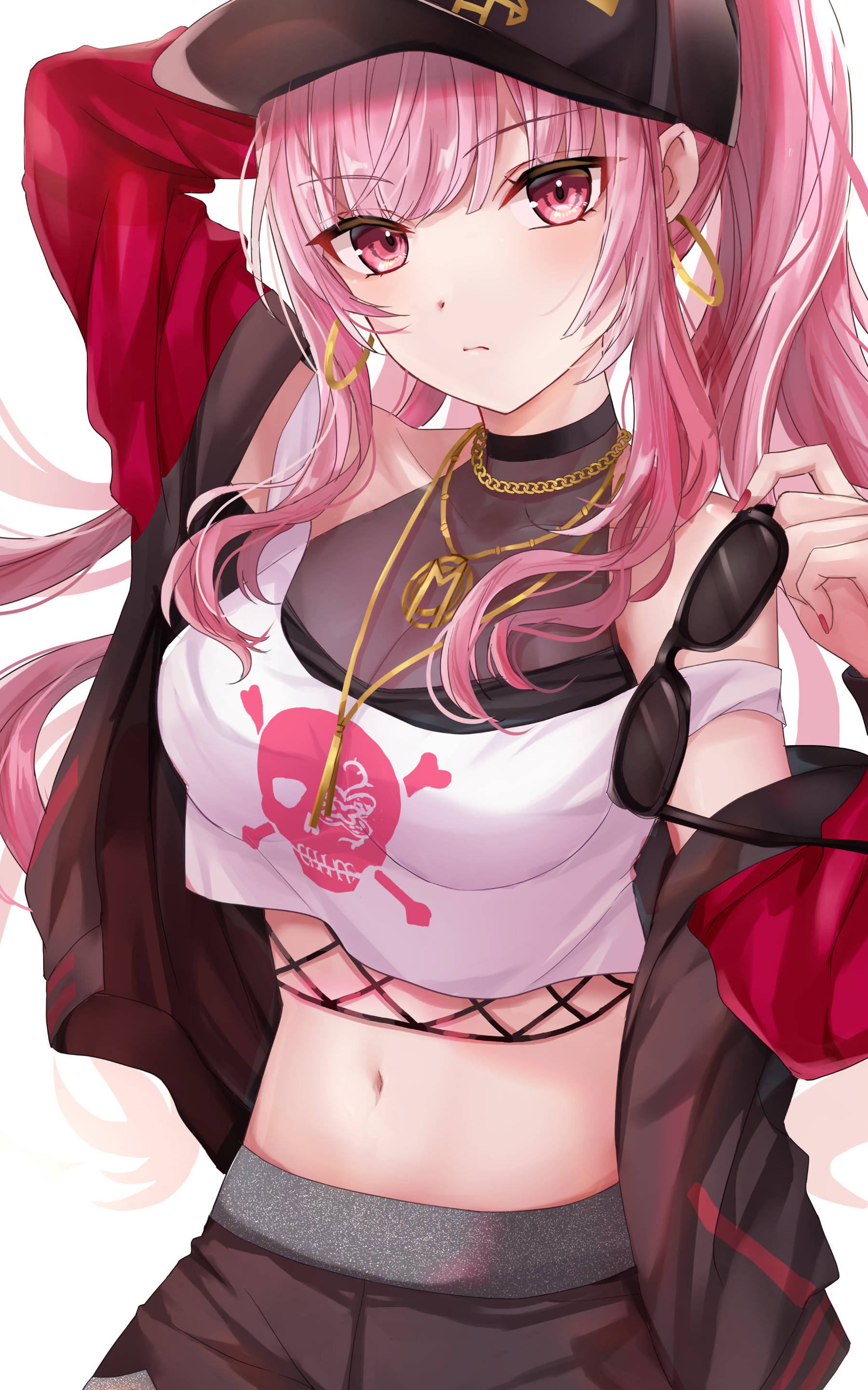 pink-haired anime girl, black cap, skull tee, 2K Phone Wallpaper
