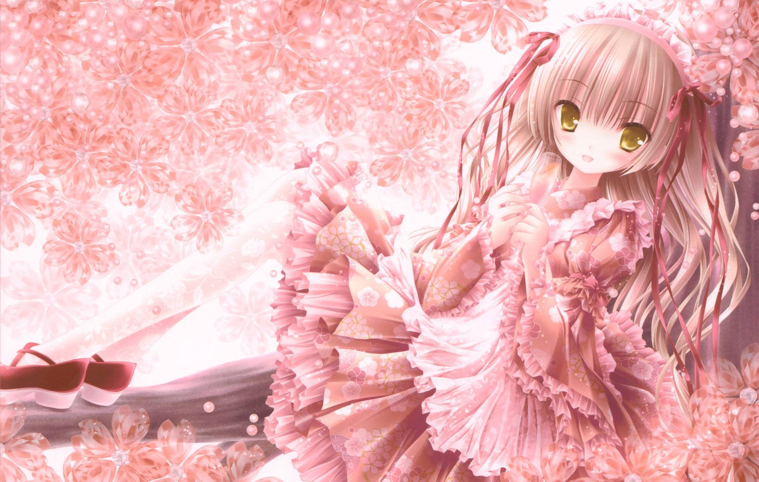 pink anime girl, frilly pink dress, cherry blossoms, HD Desktop Wallpaper