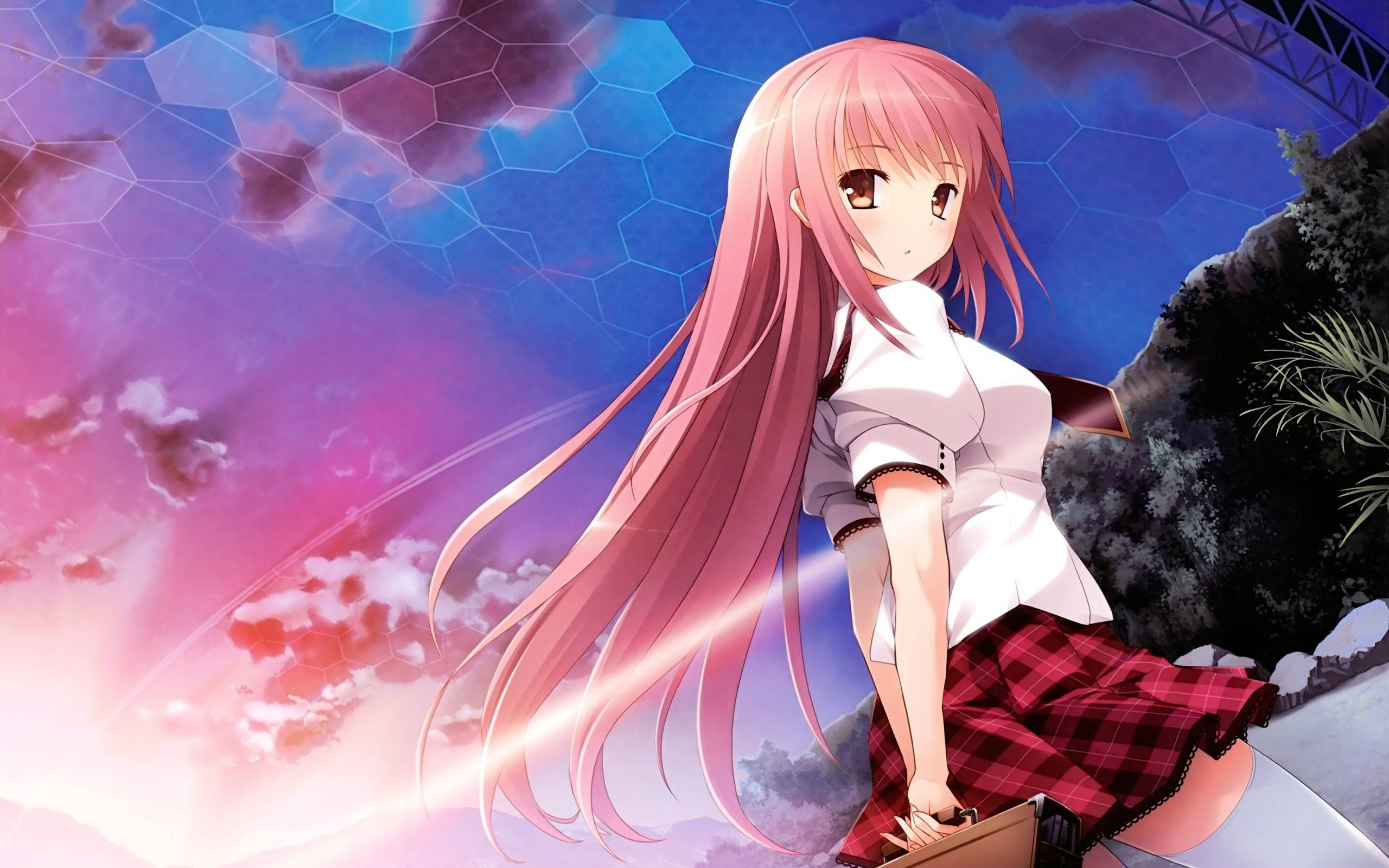 pink-haired anime girl, school uniform, rock, 2K Desktop Wallpaper