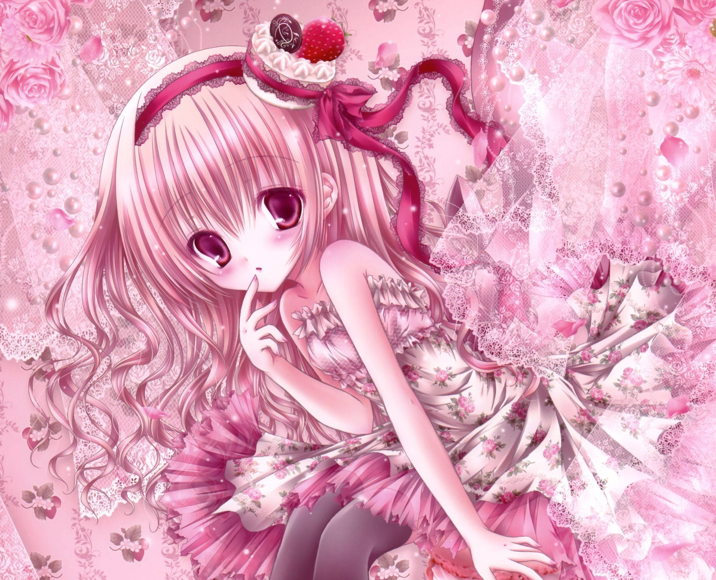pink hair, pink eyes, floral dress, Full HD Desktop Wallpaper