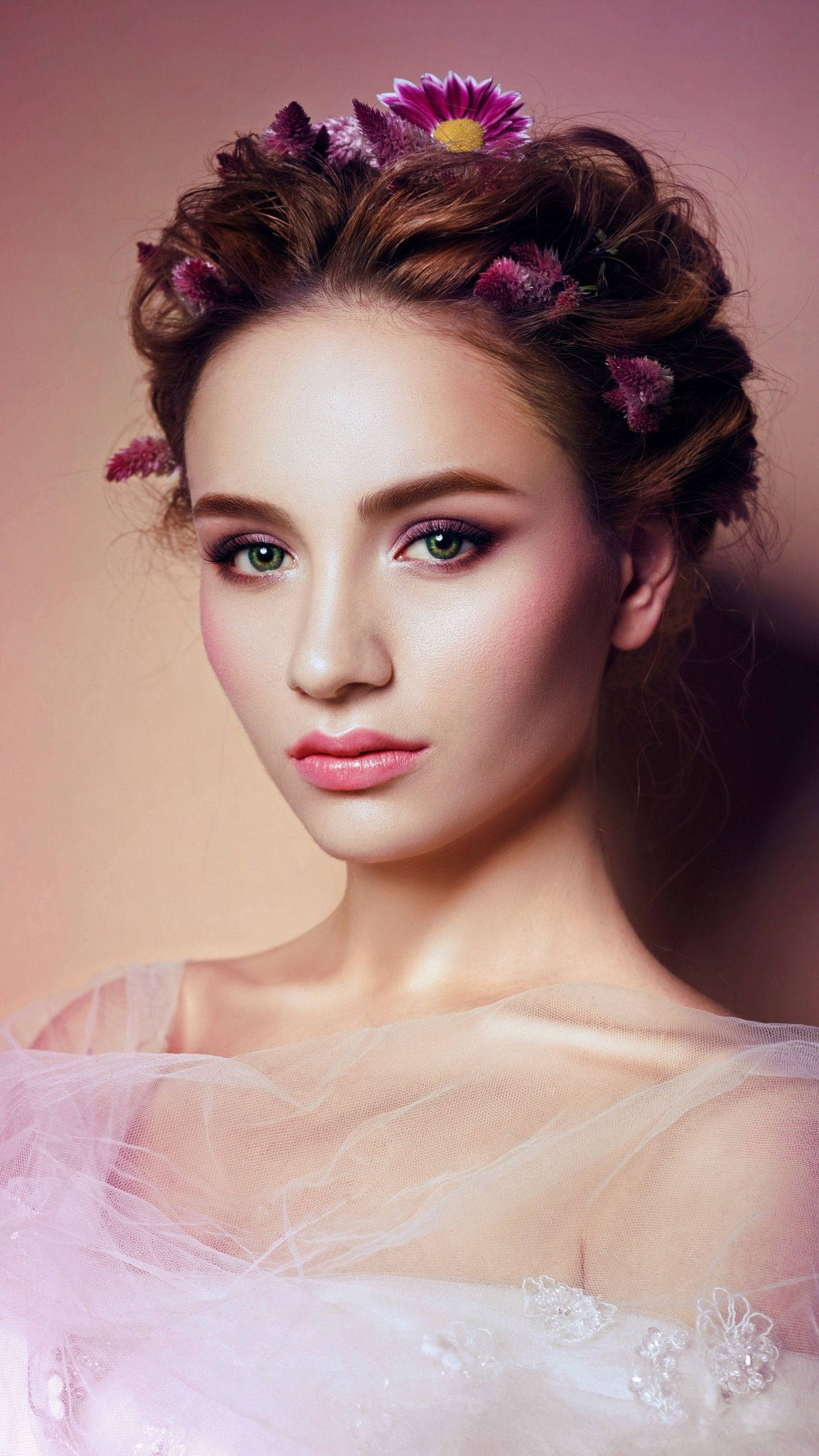 green eyes, floral hairpiece, soft pink studio portrait, 2K Phone Wallpaper