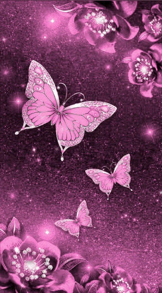 Pink Glitter Butterfly, glittering pink butterflies, jeweled flowers, SD Phone Wallpaper