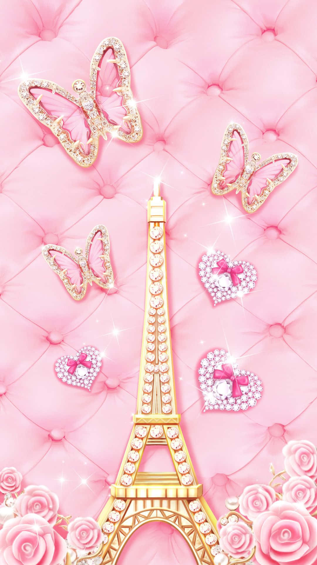 pink glitter butterfly, glittering gold Eiffel Tower, diamonds, Full HD Phone Wallpaper