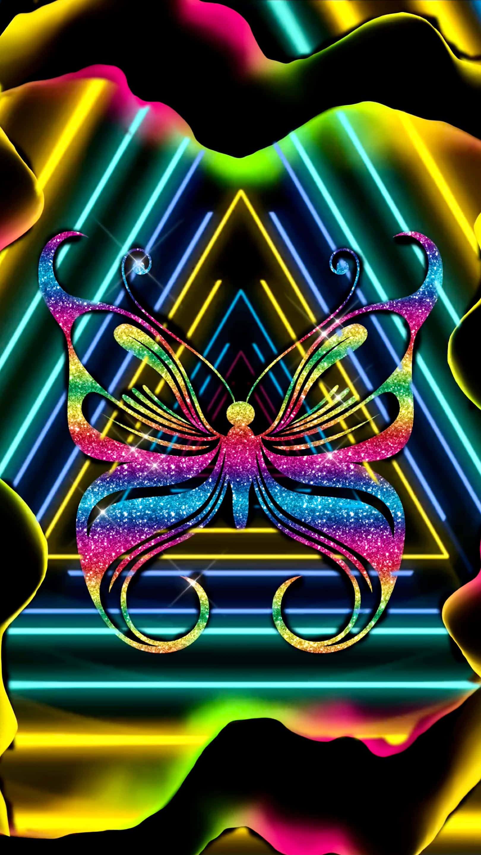 Neon Pink Glitter Butterfly, glittering rainbow butterfly, neon-lit geometric background, 2K Phone Wallpaper
