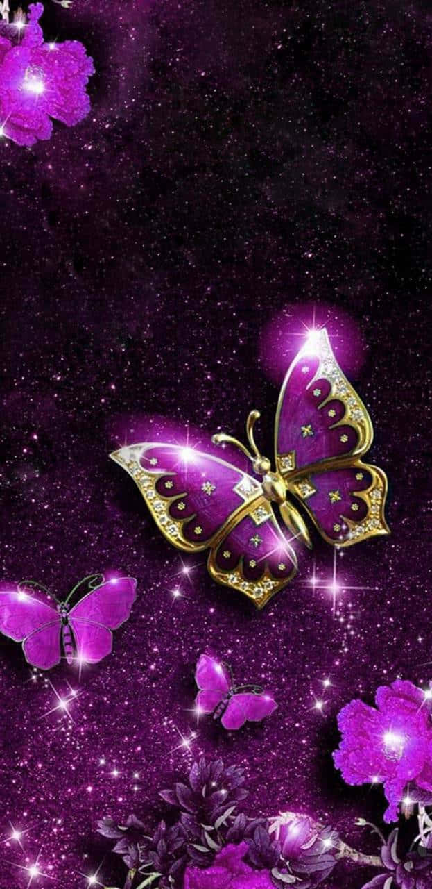 Pink Glitter Butterfly, glittering purple butterfly, gold accents, HD Phone Wallpaper
