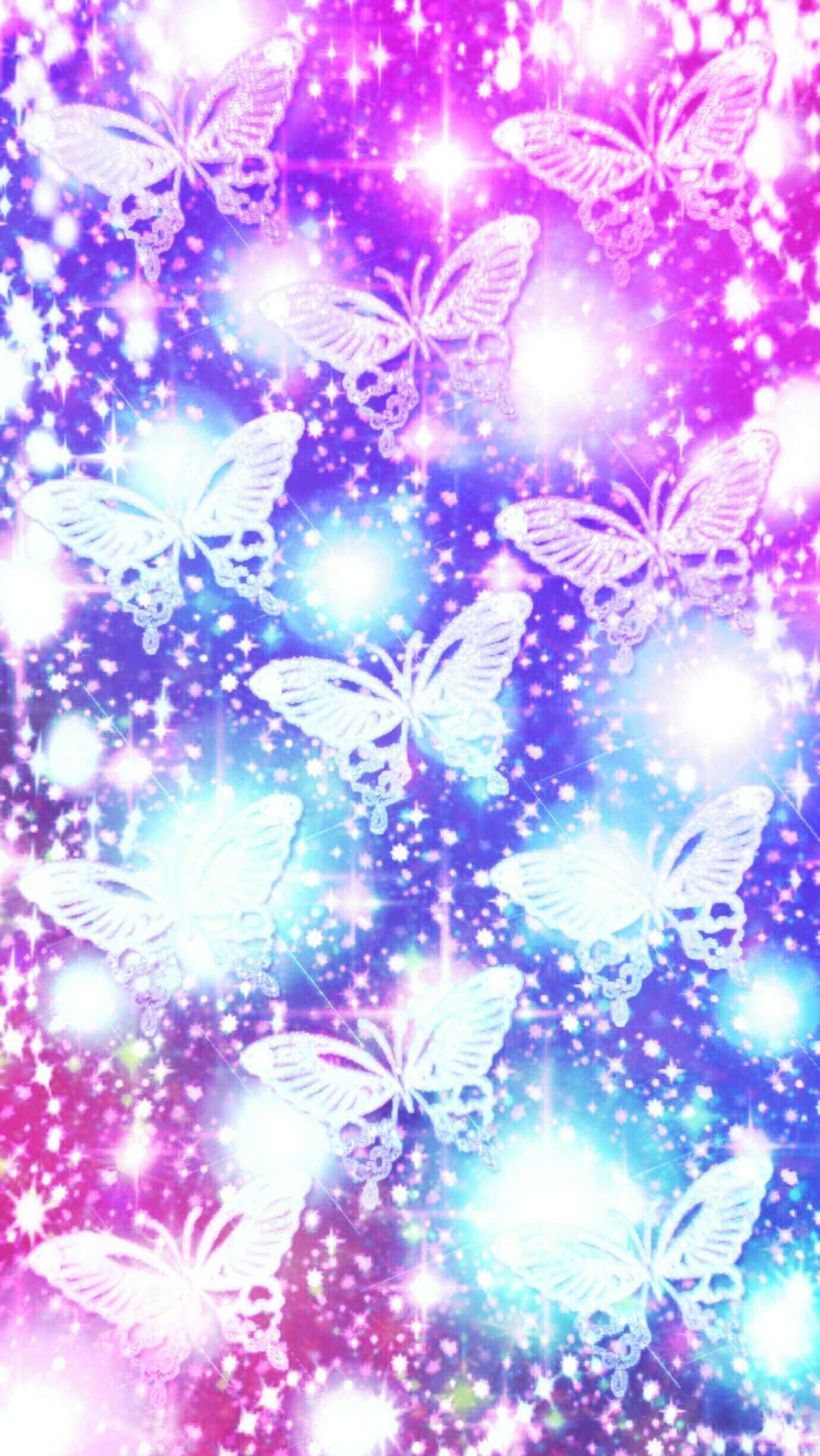 pink glitter butterfly, shimmering white butterflies, vibrant pink and blue cosmic sparkles, Full HD Phone Wallpaper