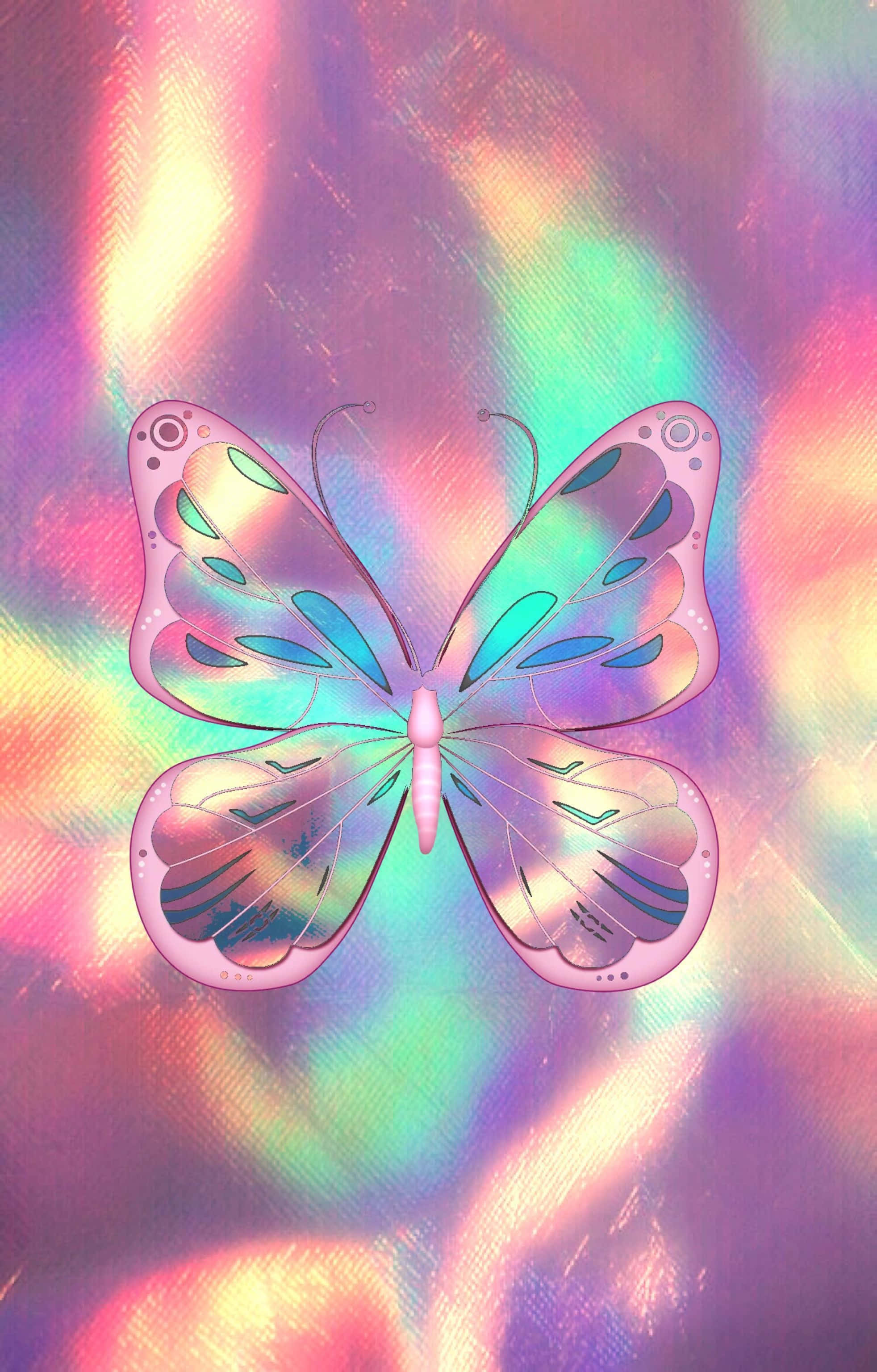 Pink Glitter Butterfly, holographic gradient background, iridescent wings, 2K Phone Wallpaper