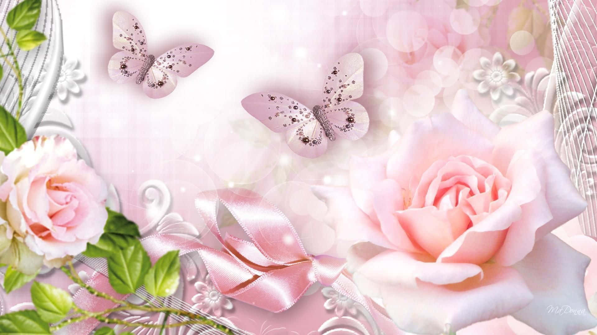 Pink Glitter Butterfly, soft pink roses, glittery butterflies, Full HD Desktop Wallpaper
