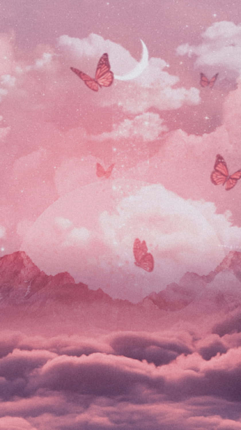 Pink Glitter Butterfly, twilight sky, crescent moon, HD Phone Wallpaper