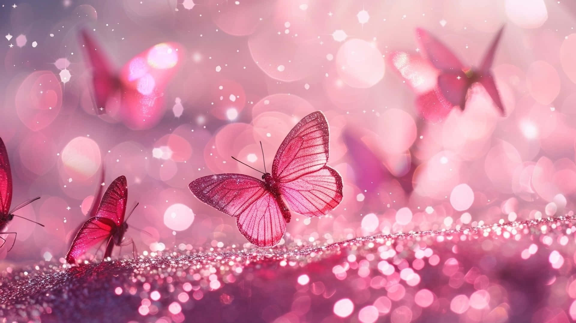 Pink Butterflies, glittering surface, dreamy bokeh background, Full HD Desktop Wallpaper