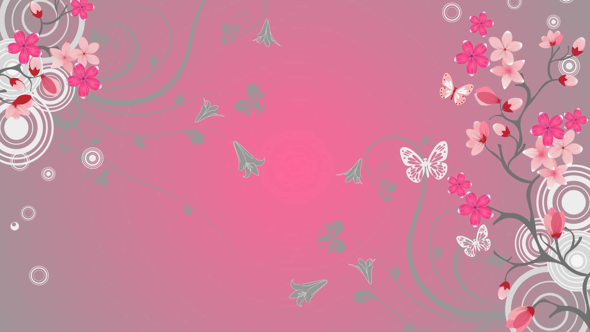Pink gradient, cherry blossoms, butterflies, Full HD Desktop Wallpaper