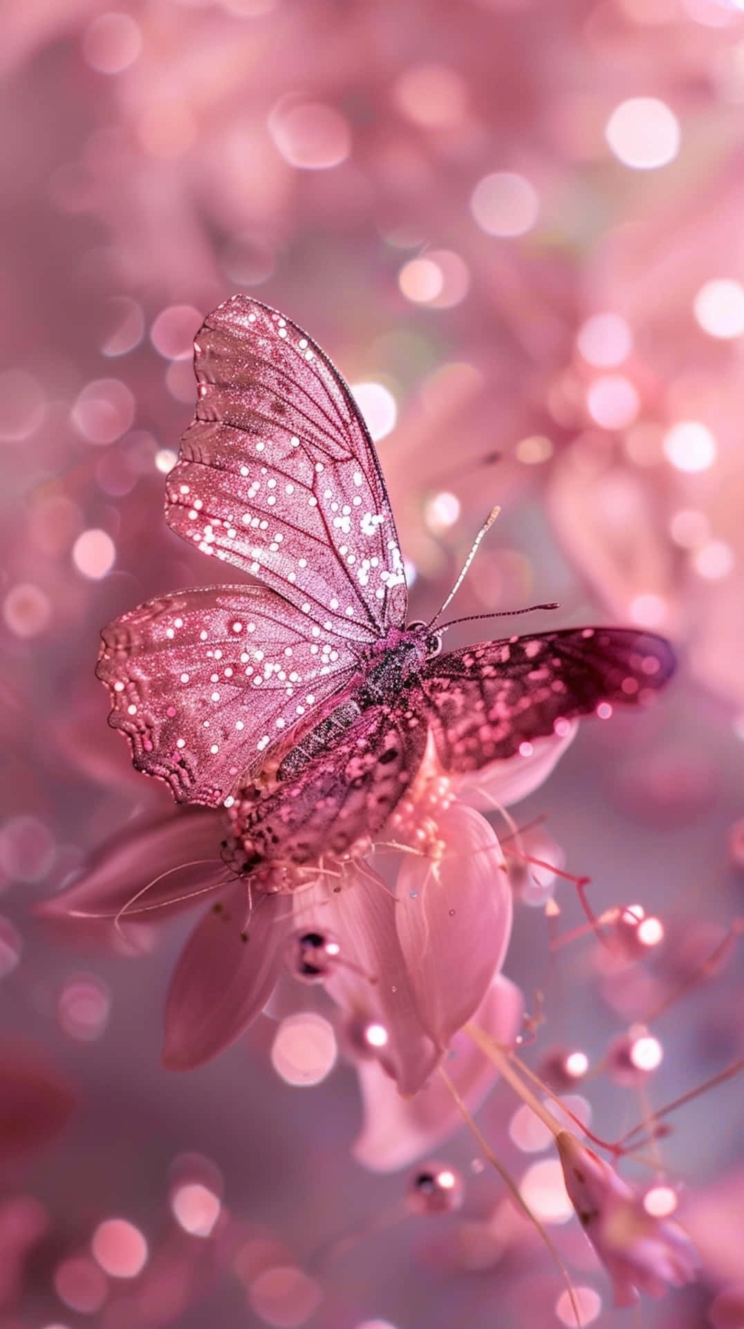 glittering pink butterfly, soft pink petals, dreamy bokeh background, Full HD Phone Wallpaper