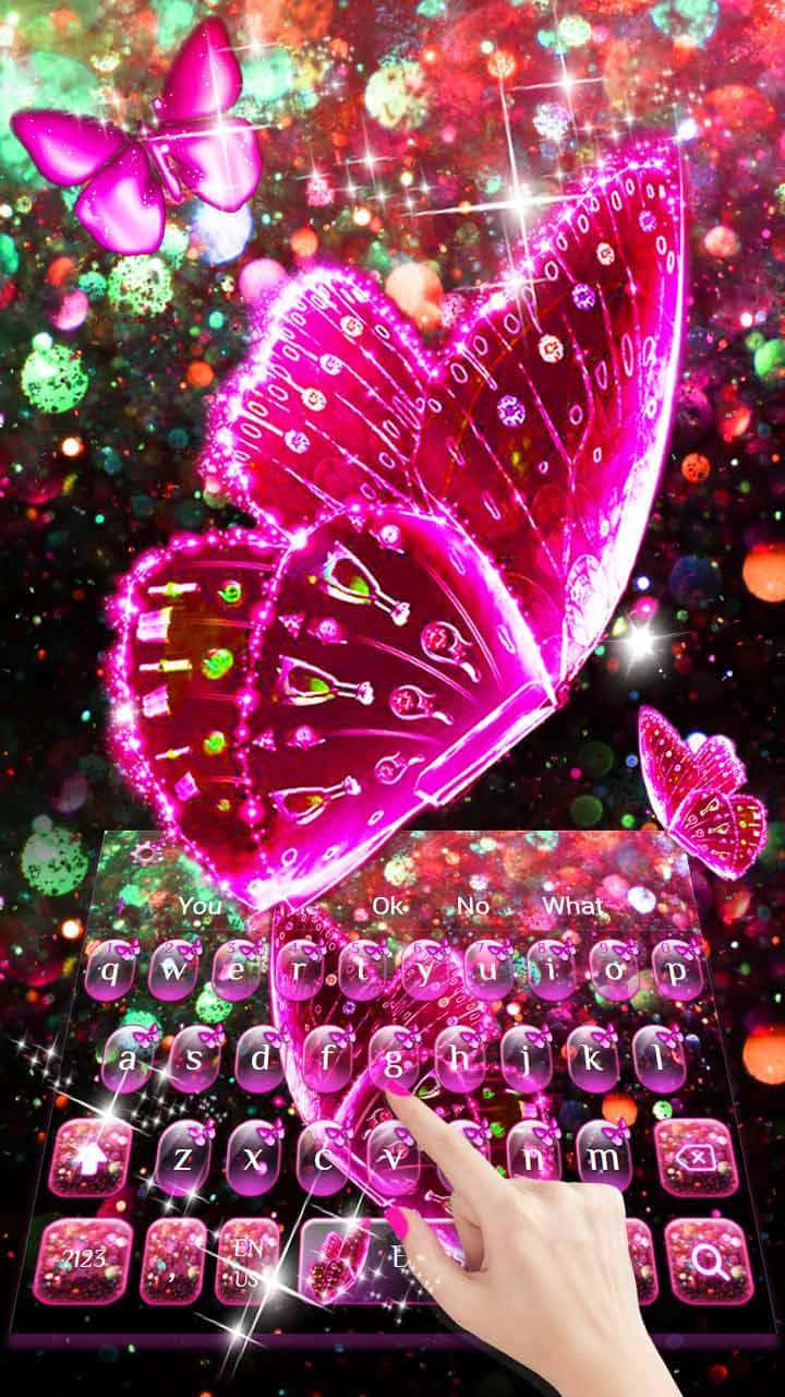 pink glitter butterfly, glittering pink keyboard, giant sparkling butterfly, HD Phone Wallpaper