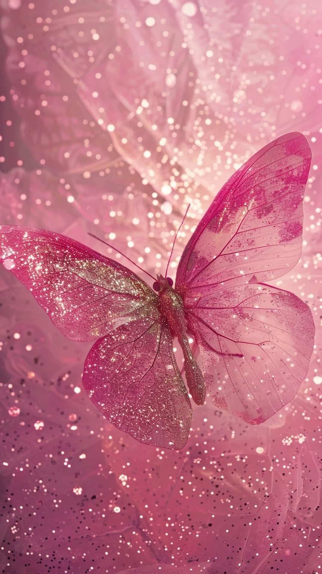 glittering pink butterfly, translucent wings, sparkling pink and gold magical haze, Full HD Phone Wallpaper