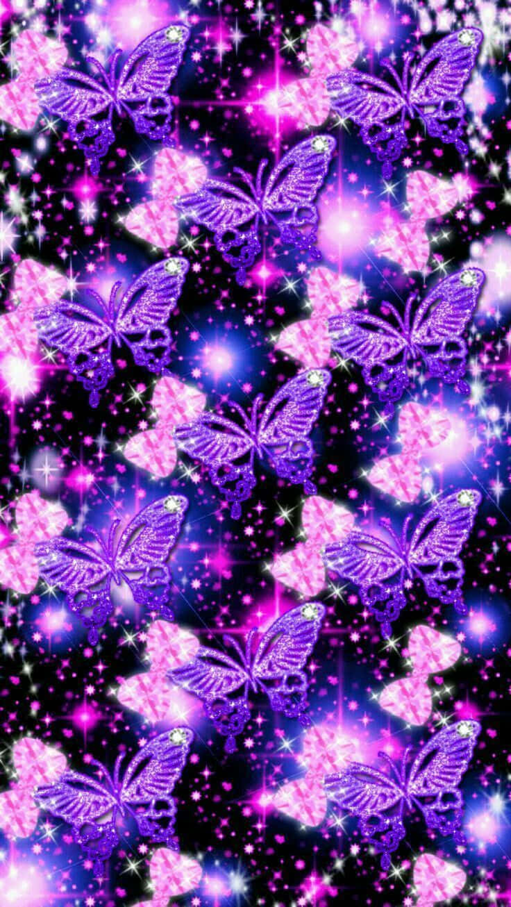 Pink Glitter Butterfly, shimmering purple and pink butterflies, sparkling cosmic night sky, HD Phone Wallpaper