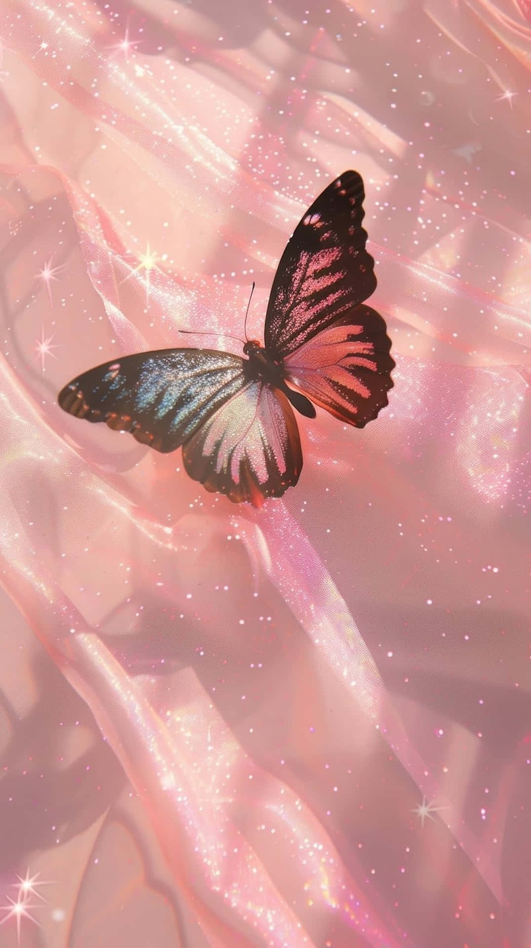 Sparkling Pink Butterfly, iridescent wings, dreamy pink sparkly fabric background, Full HD Phone Wallpaper