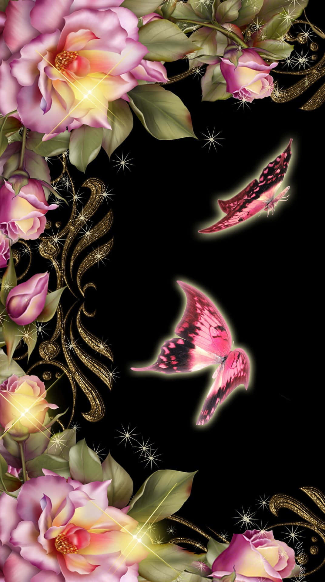 Pink Glitter Butterfly, pink roses, glowing butterflies, Full HD Phone Wallpaper