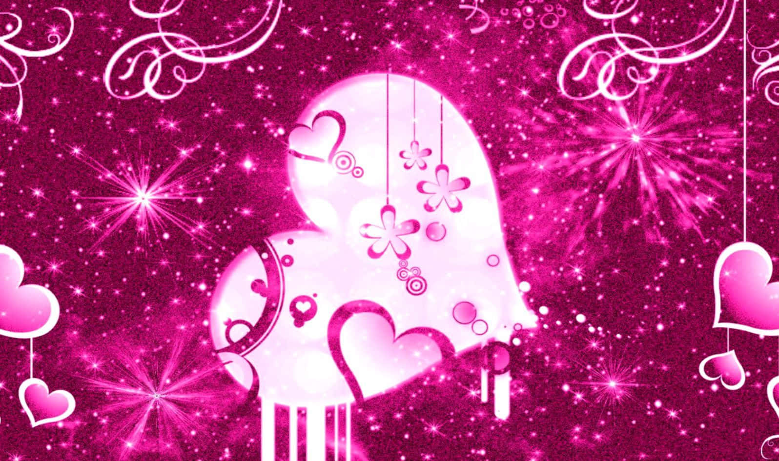 Pink Girly, glowing pink heart-shaped lantern, dangling flowers and hearts, HD Desktop Wallpaper