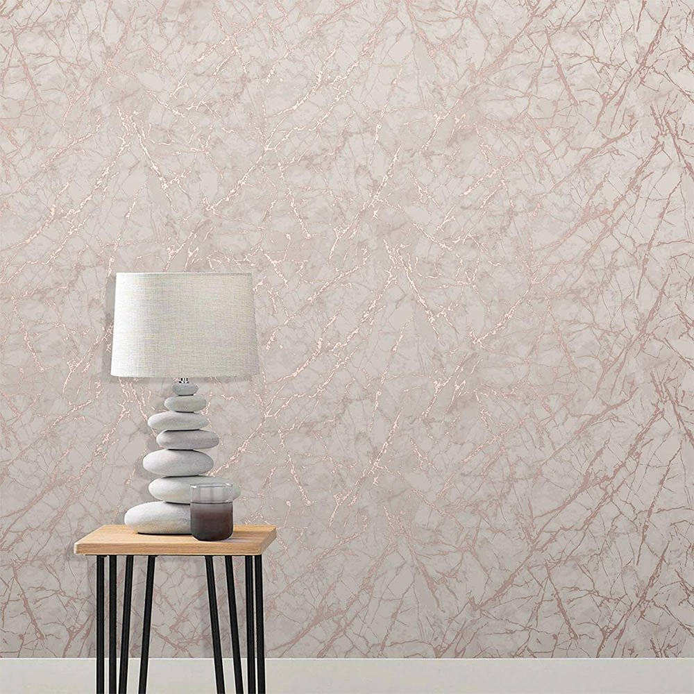 rose gold veined marble wallpaper, modern lamp with stacked stones, wooden side table, SD Desktop Wallpaper