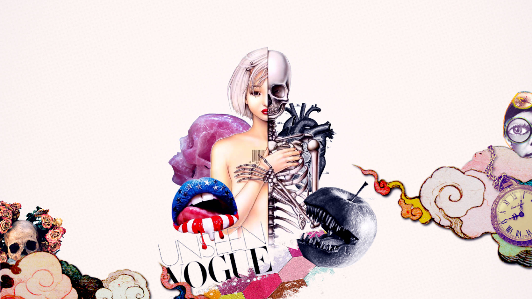 Pink Fashion Art, split-faced woman, skull half, Full HD Desktop Wallpaper