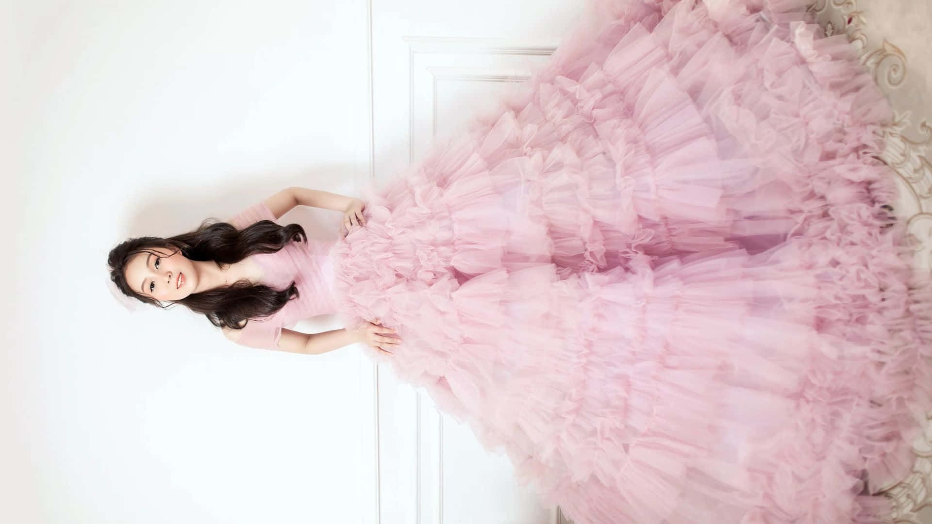 voluminous pink ruffled gown, white paneled wall, woman, Full HD Desktop Wallpaper