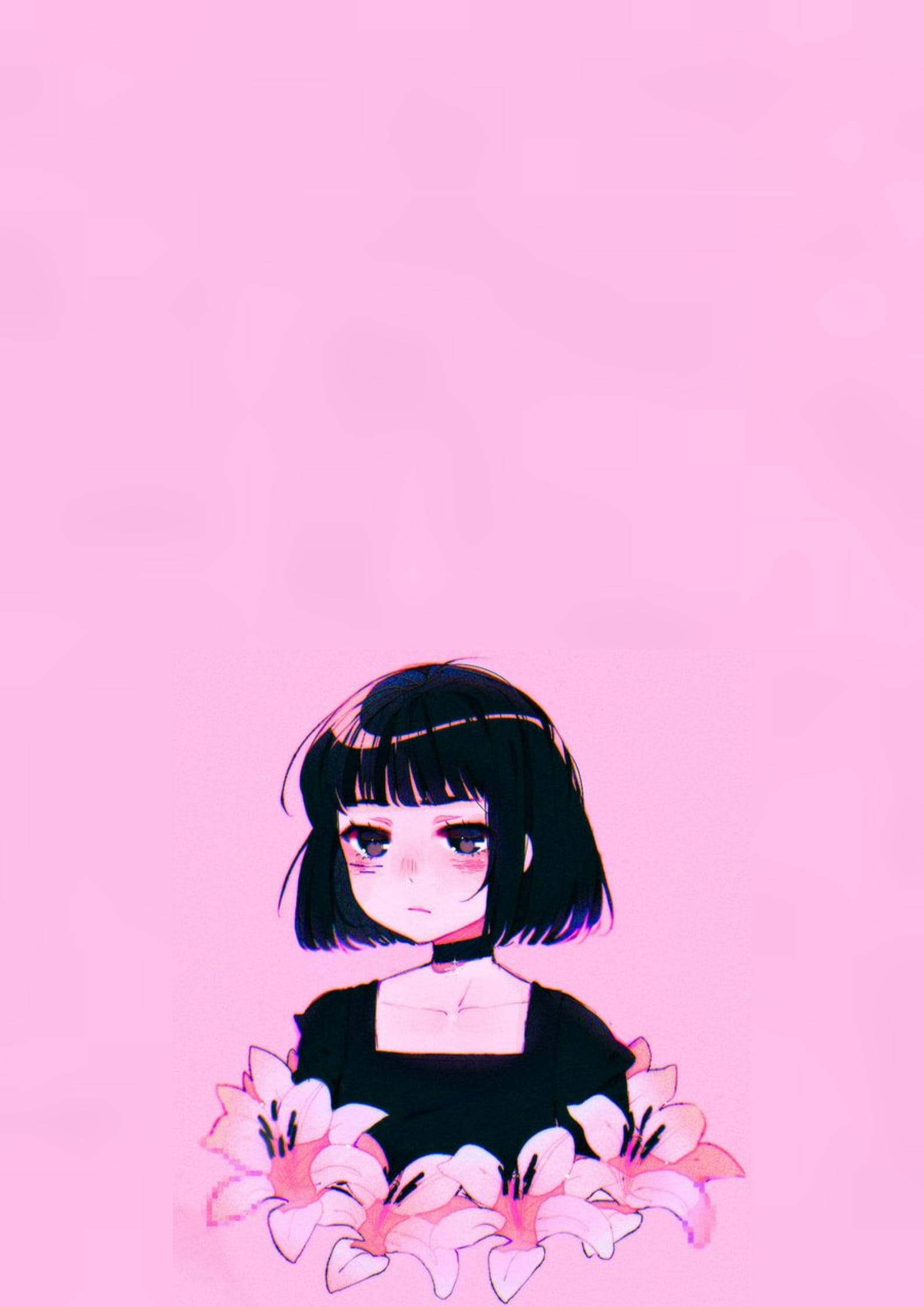 Aesthetic Pink Anime Goth Girl, black bob hair, pink lilies, Full HD Phone Wallpaper