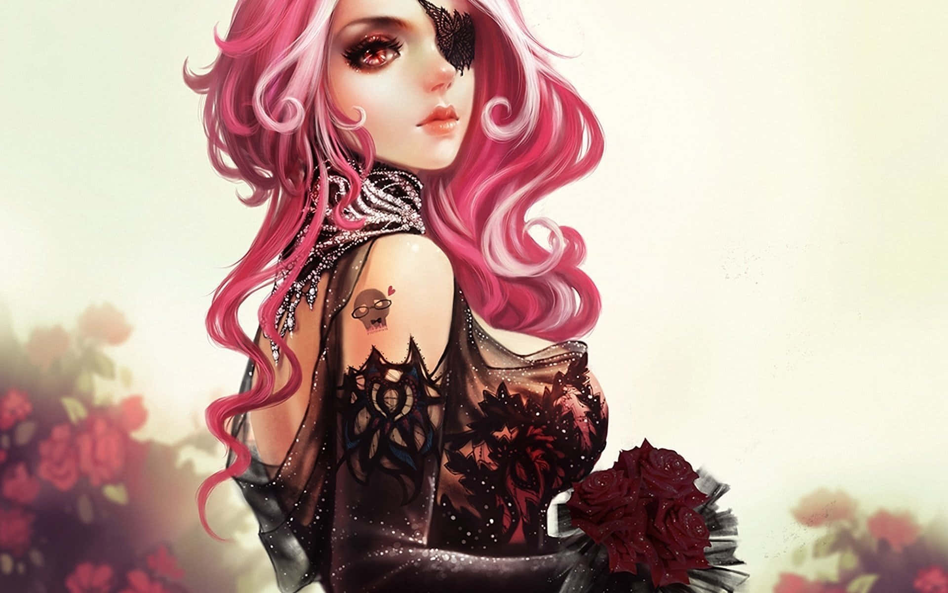 anime girl, vibrant pink hair, black lace dress, Full HD Desktop Wallpaper