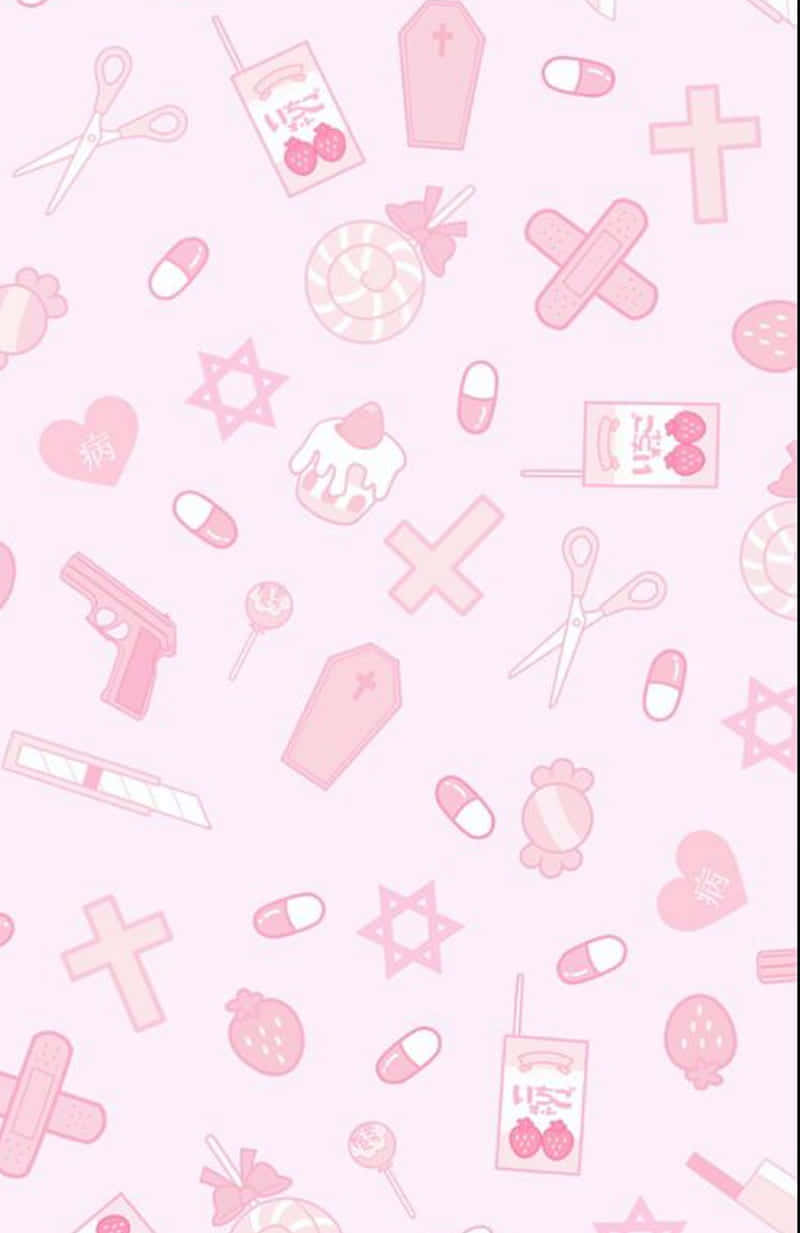 Pink Goth Pattern Aesthetic, pastel pink, scattered cute icons, SD Phone Wallpaper