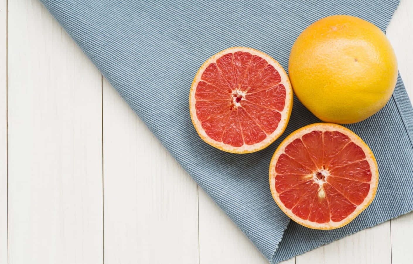 Pink Grapefruit, blue cloth, white wooden planks, HD Desktop Wallpaper