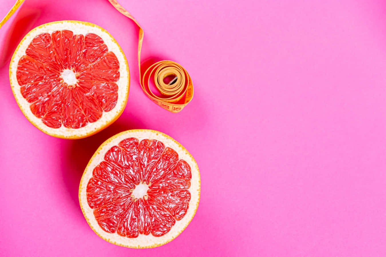 Pink Grapefruit, vibrant red grapefruit, coiled orange measuring tape, HD Desktop Wallpaper