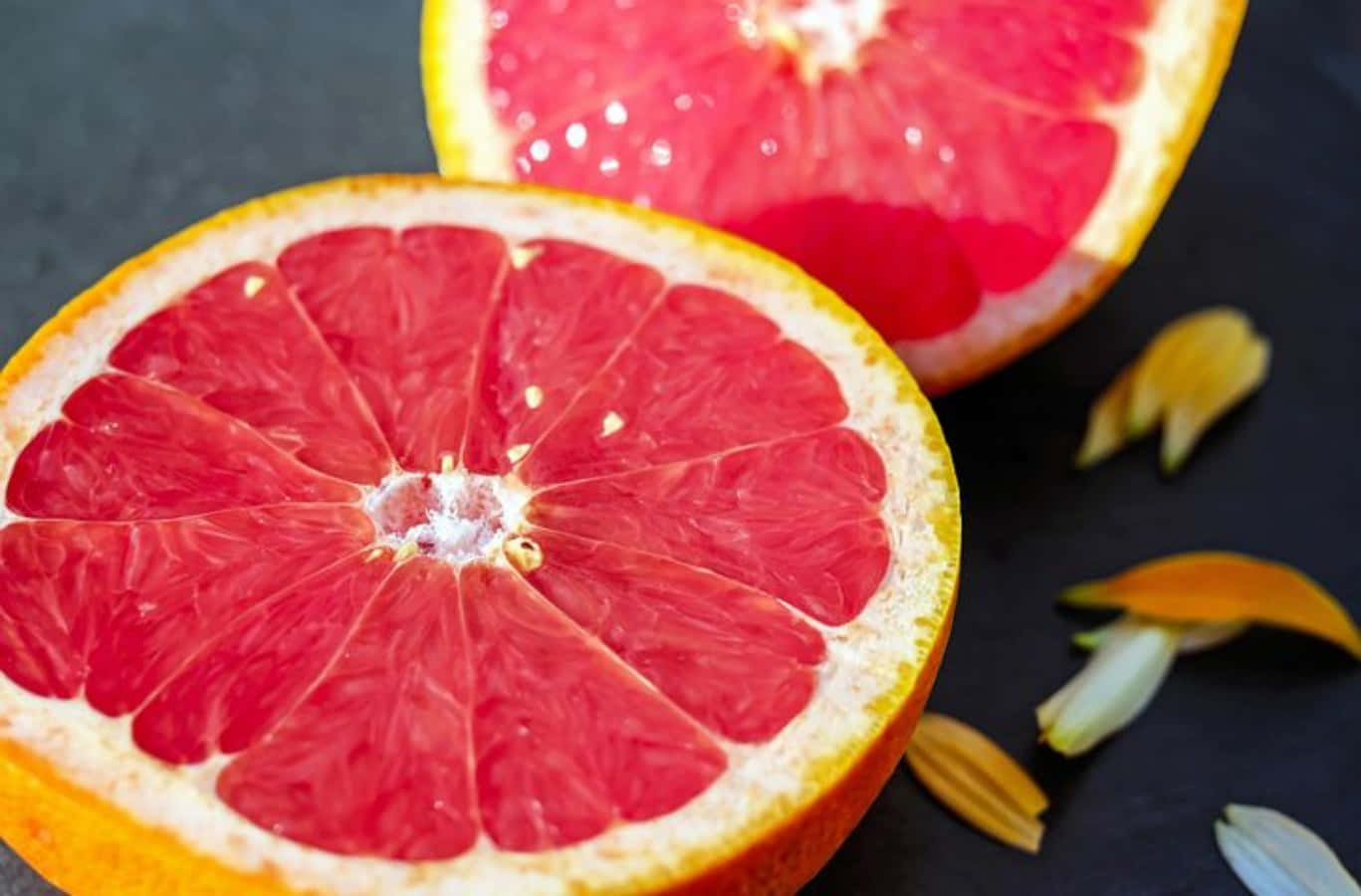 pink grapefruit, juicy pink segments, white surface, HD Desktop Wallpaper