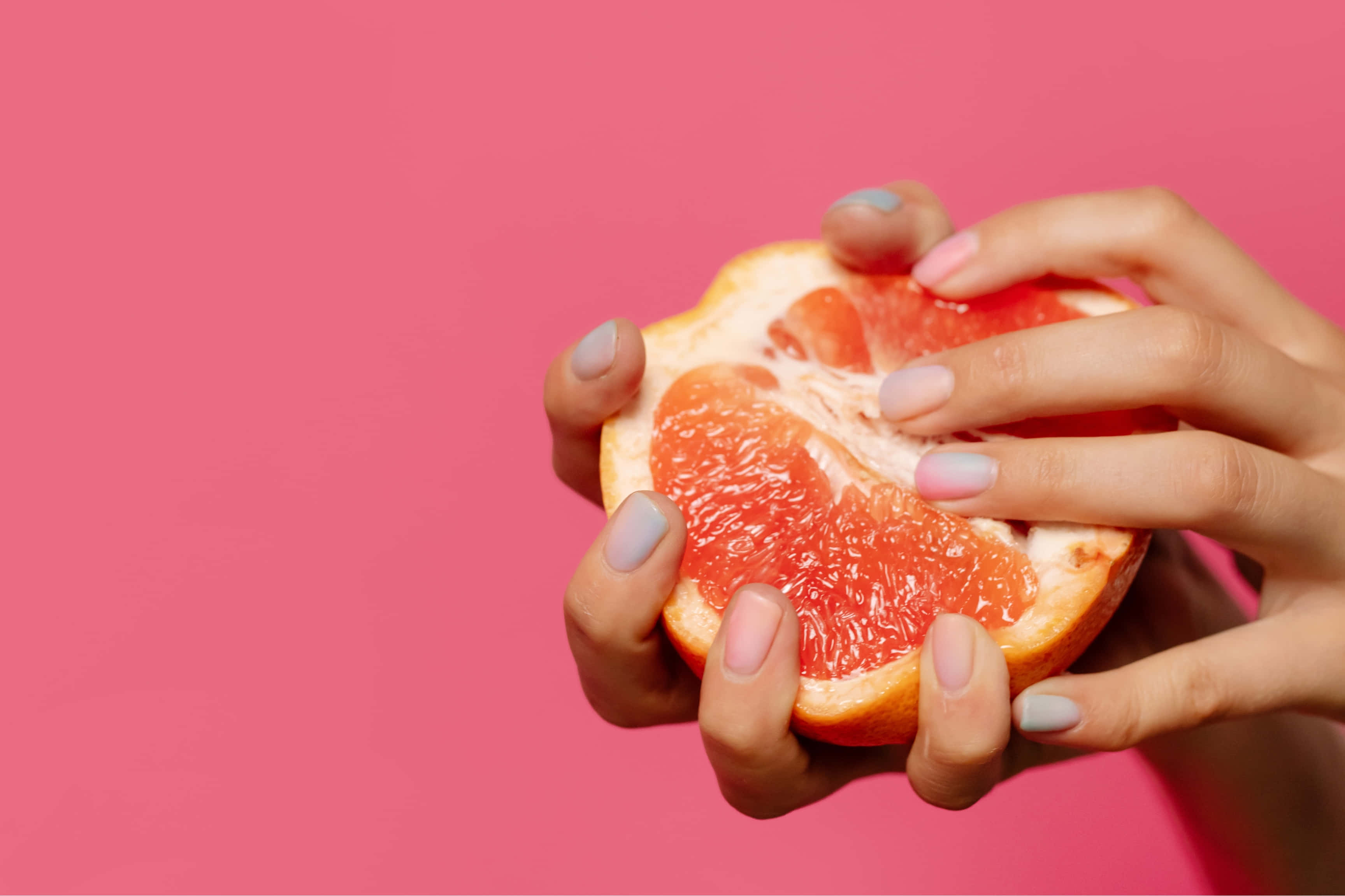 pink grapefruit, pastel nail polish, solid pink background, 2K Desktop Wallpaper