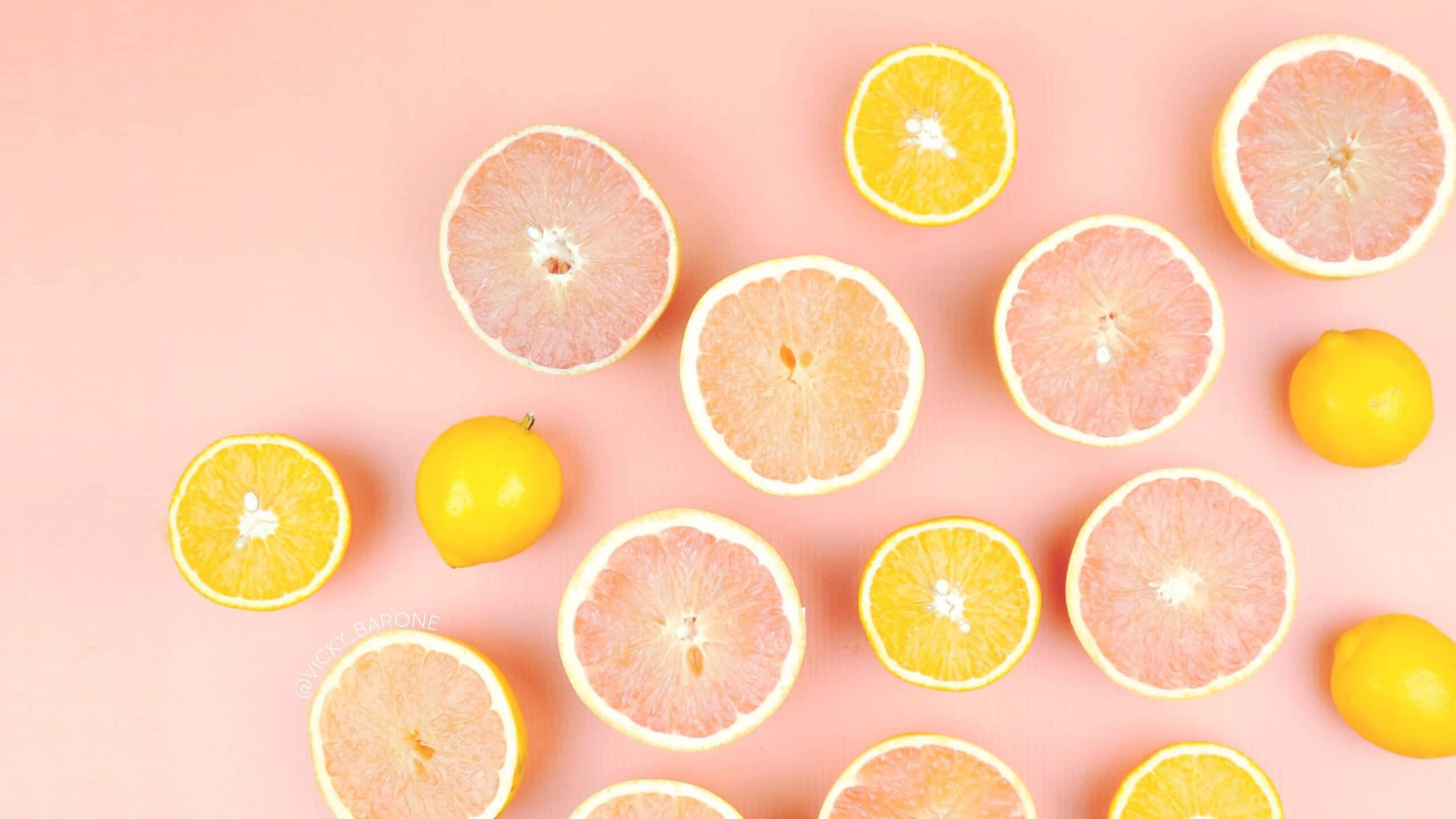 grapefruits, lemons, pink background, 2K Desktop Wallpaper