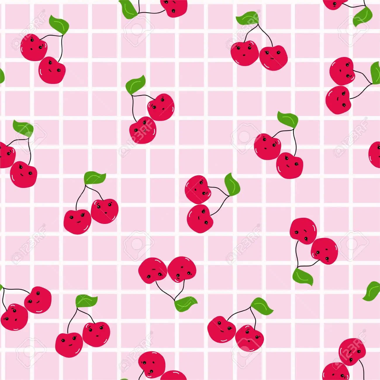 pink grid, soft pink grid background, cute cartoon cherries, HD Desktop Wallpaper