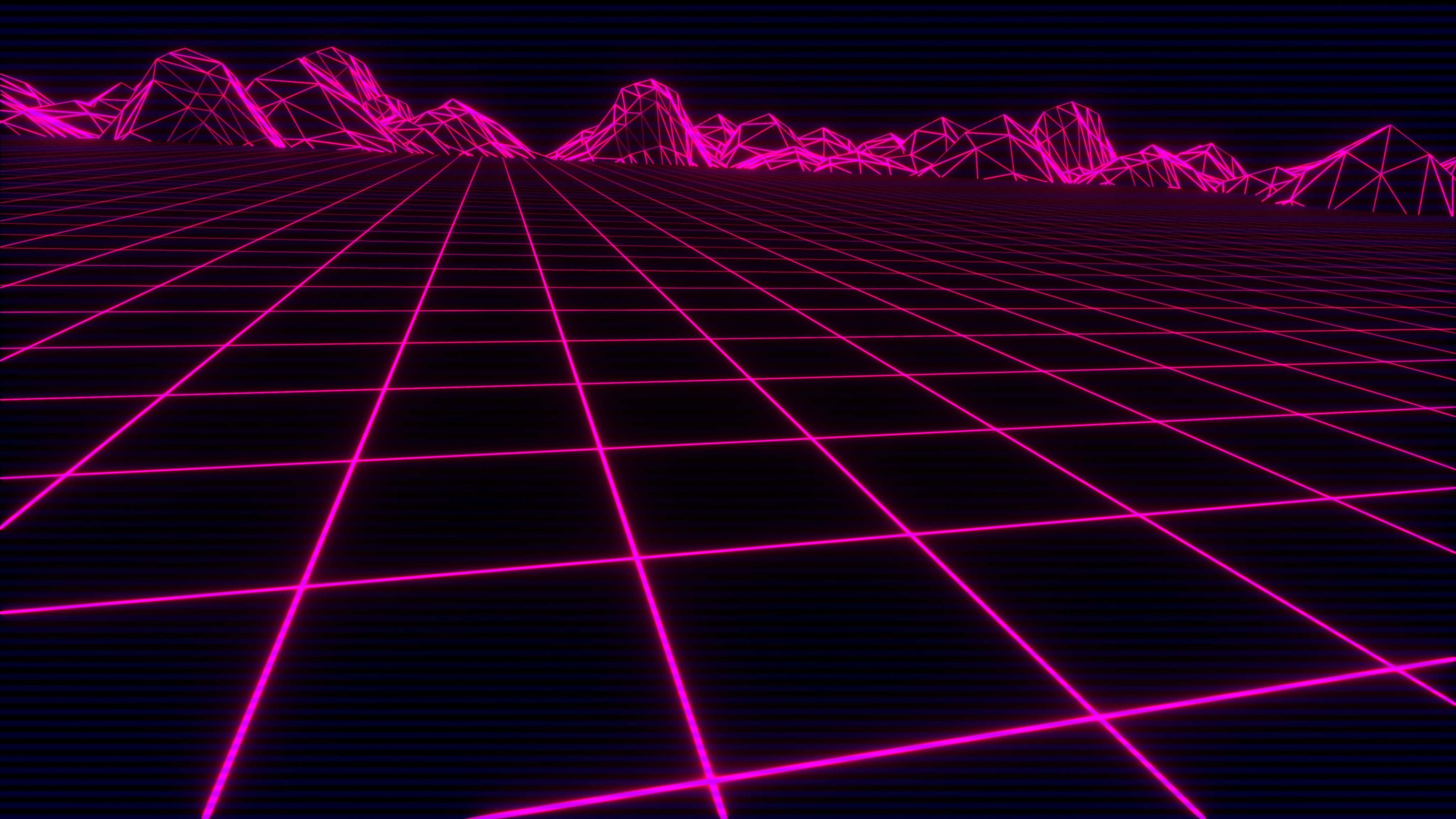 Retro Neon Landscape Grid, pink neon grid, geometric mountain peaks, 4K Desktop Wallpaper
