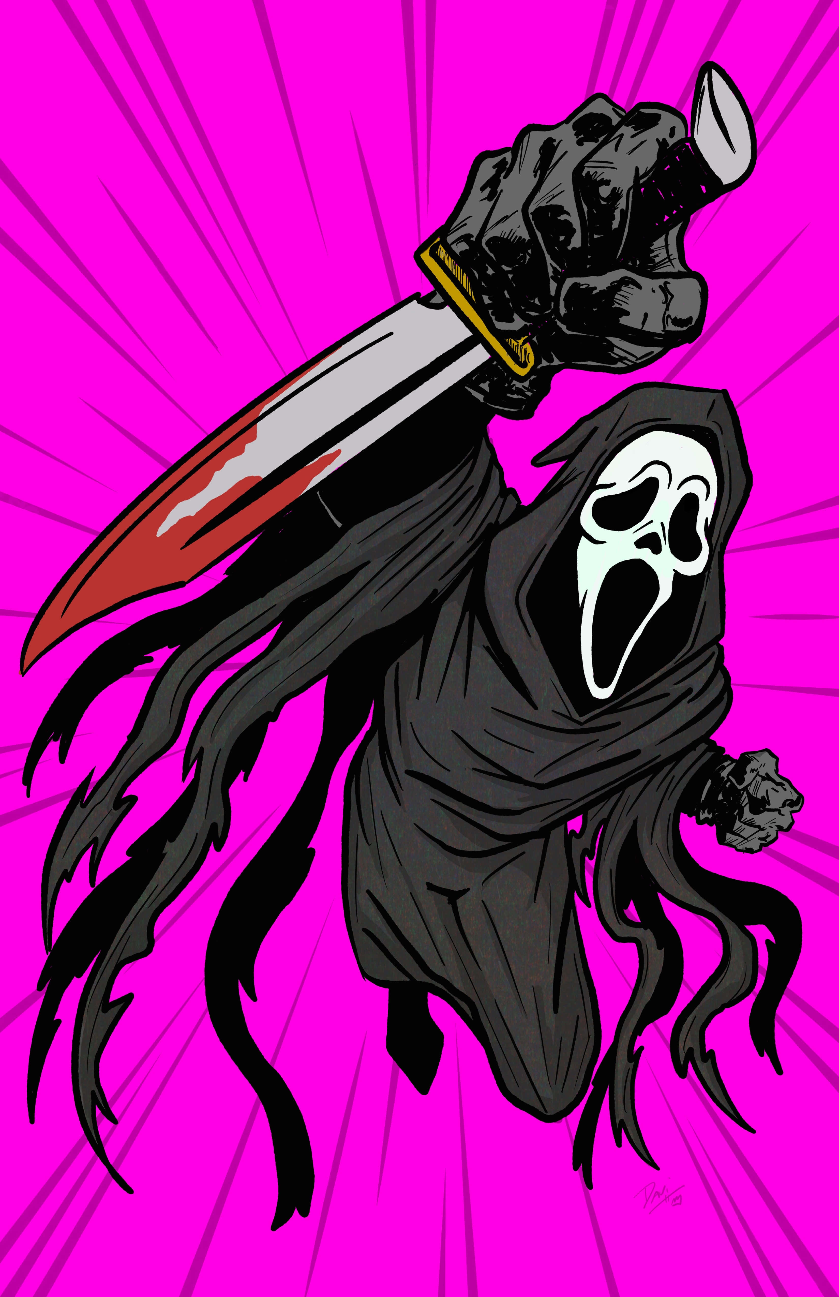 Pink Backed Slasher Art, ghostly figure, screaming mask, 4K Phone Wallpaper