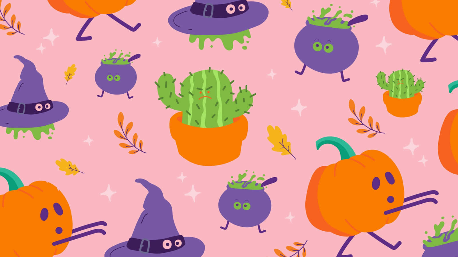 Pink Halloween, dancing pumpkins, witch hats, HD Desktop Wallpaper
