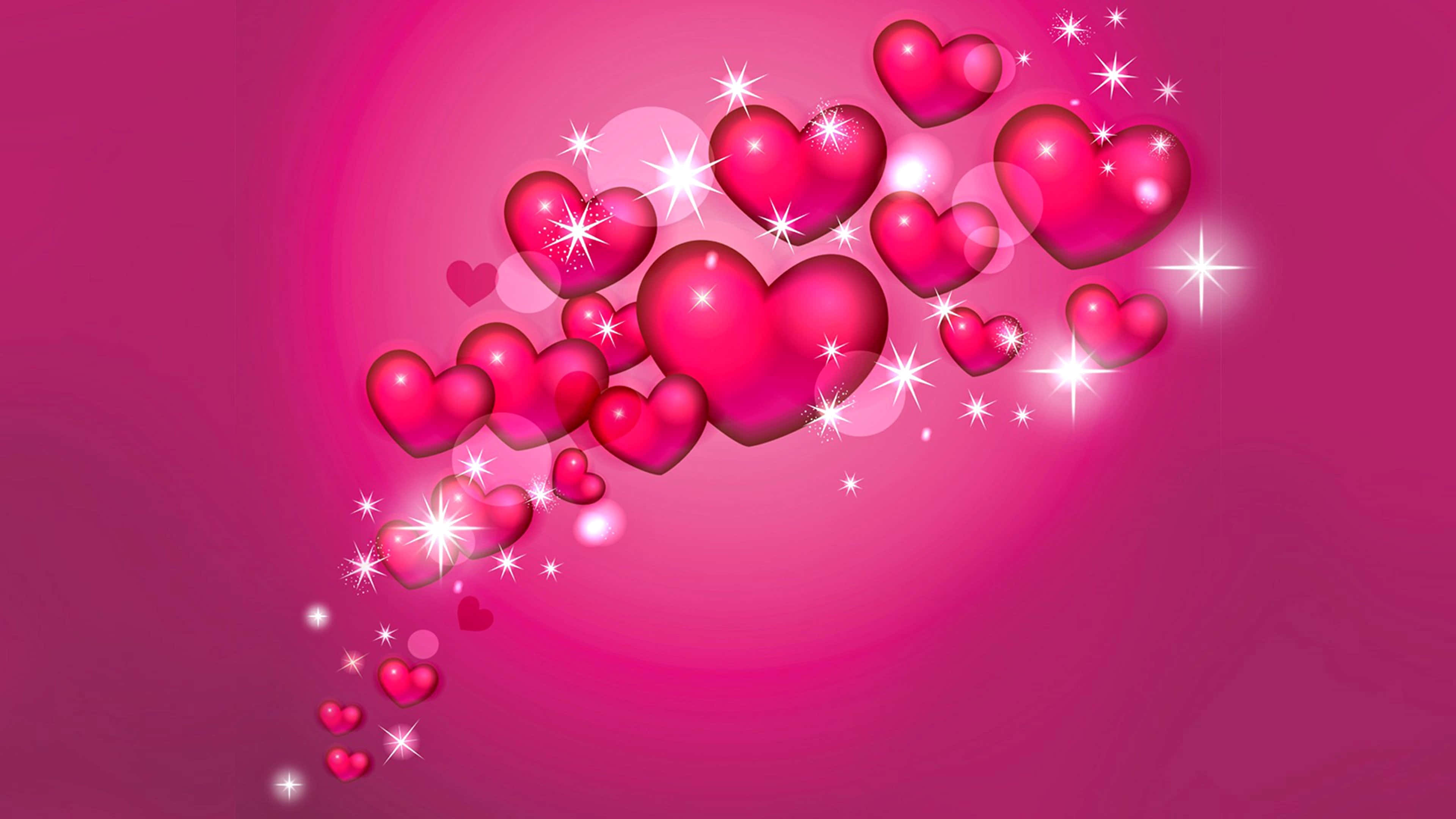 sparkling hearts, pink hearts, shiny pink hearts, 4K Desktop Wallpaper