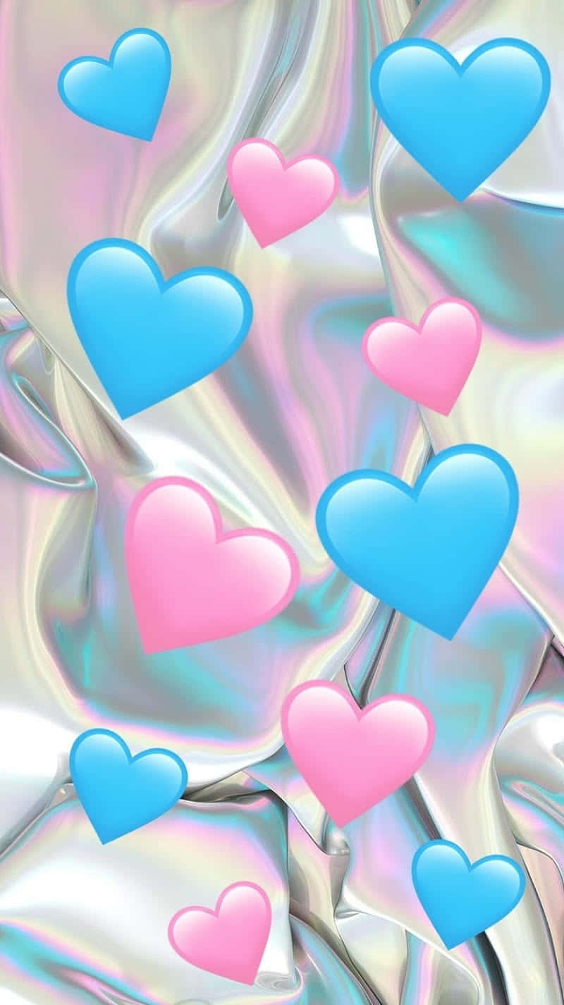 pink hearts, blue hearts, holographic background, HD Phone Wallpaper