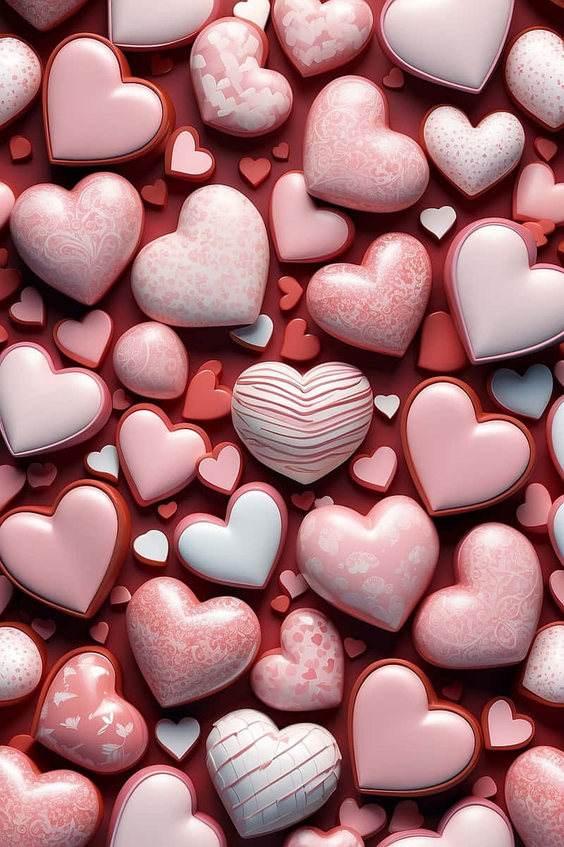 glossy pink and white hearts, lace and stripe patterns, deep red background, SD Phone Wallpaper