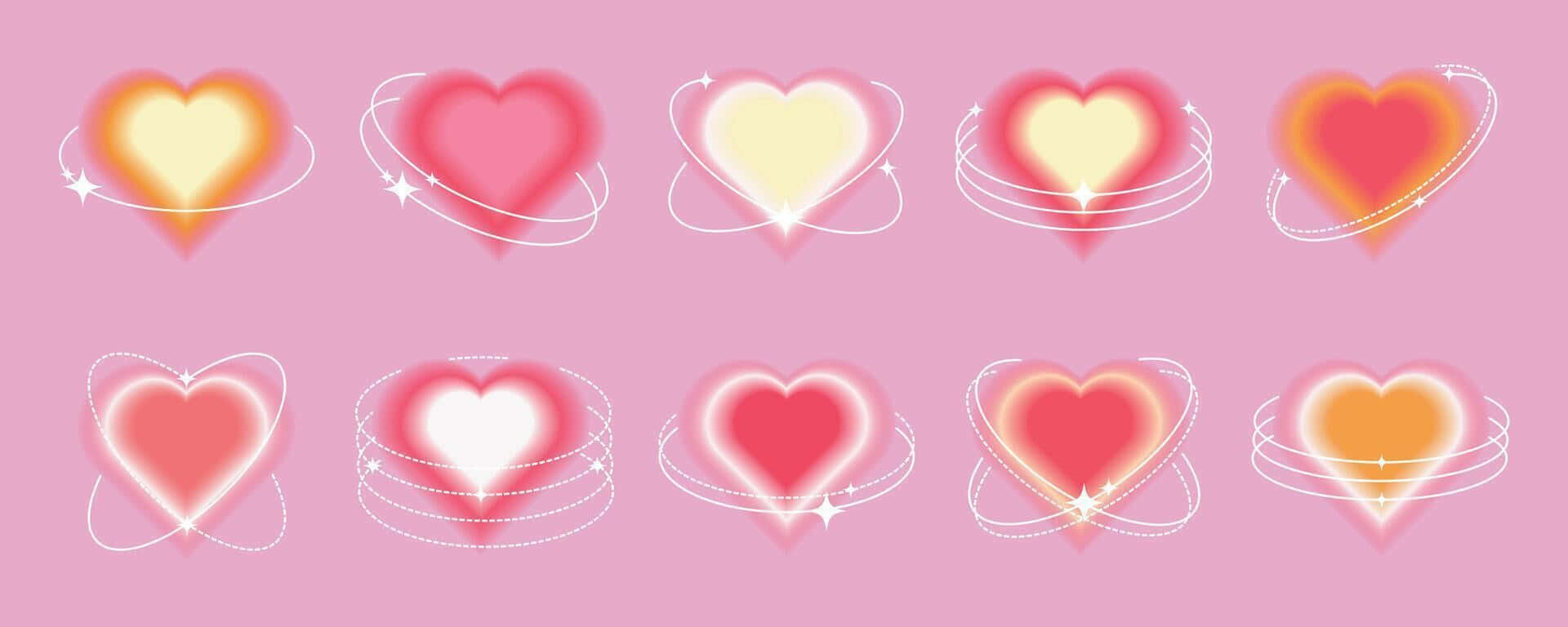 glowing hearts, orbiting rings, sparkles, Full HD Desktop Wallpaper
