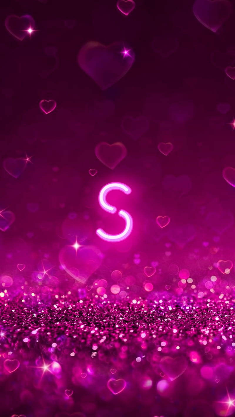 glowing pink neon letter S, glittering sparkles, floating hearts, HD Phone Wallpaper