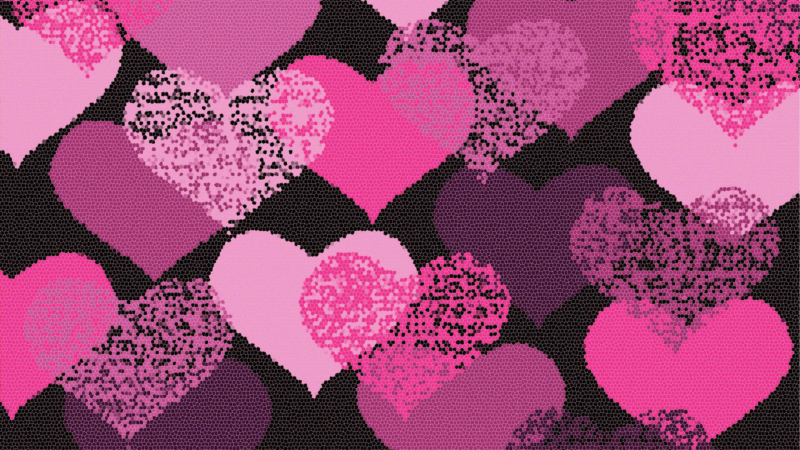 pink hearts pattern, pixelated textures, stark black background, 2K Desktop Wallpaper